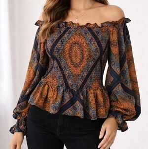 FLYING TOMATO Boho Smocked Ruffle Puff Sleeve Off-Shoulder Top